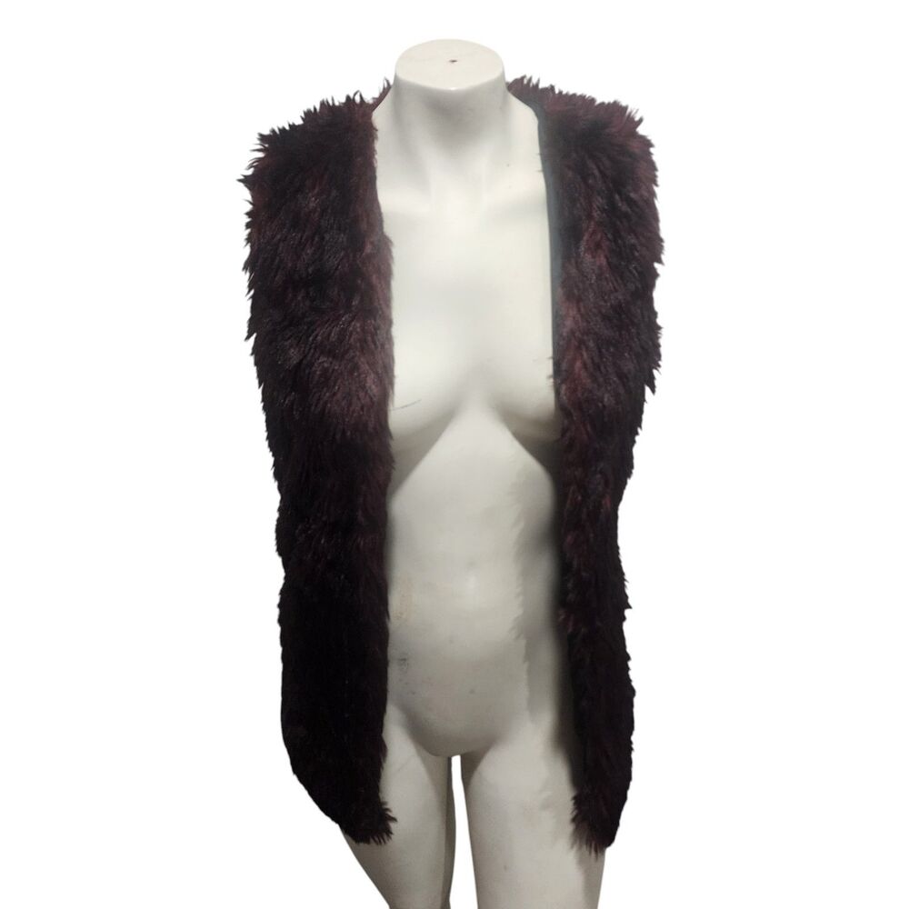 Me Jane Faux Fur Vest XS Burgundy Wine Open Front Boho Festival Layered Chic